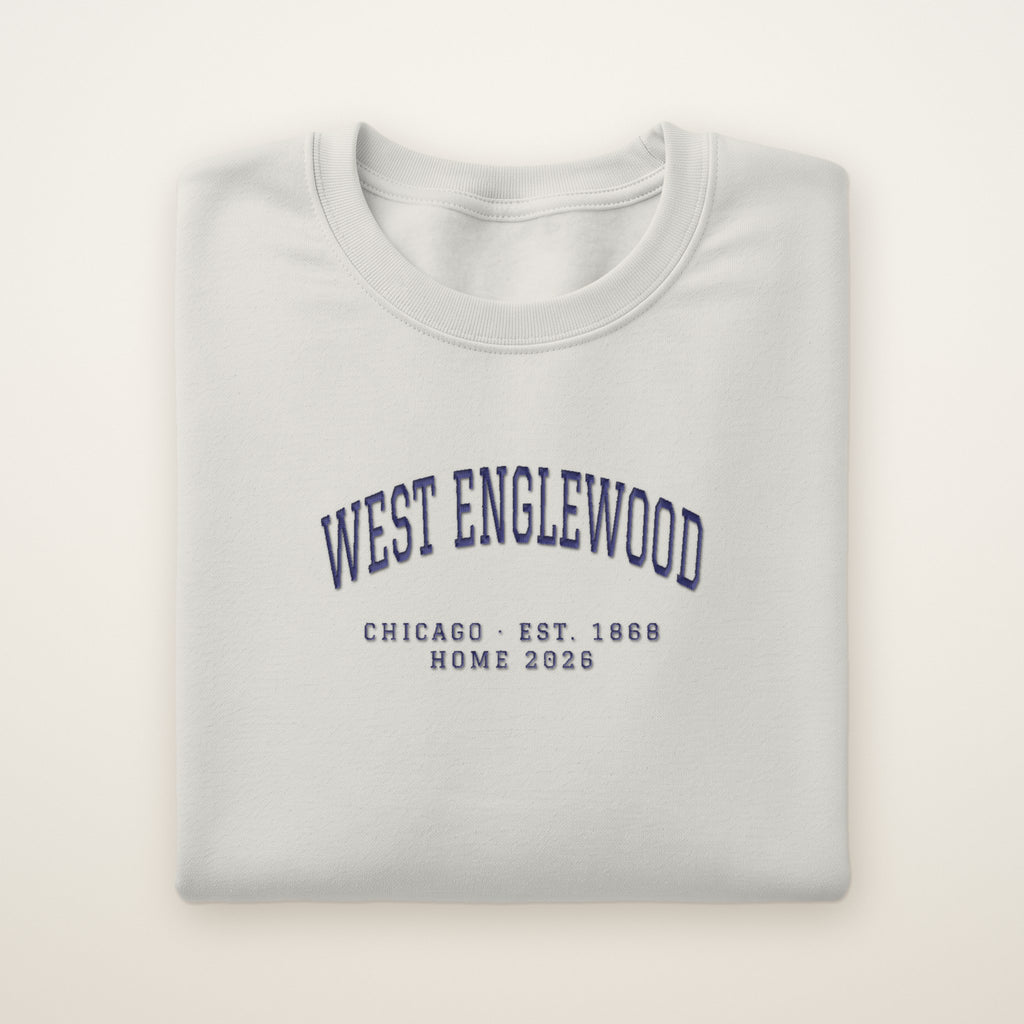 West Englewood Chicago Home 2026 Embroidered Crewneck — Navy Thread on Ash