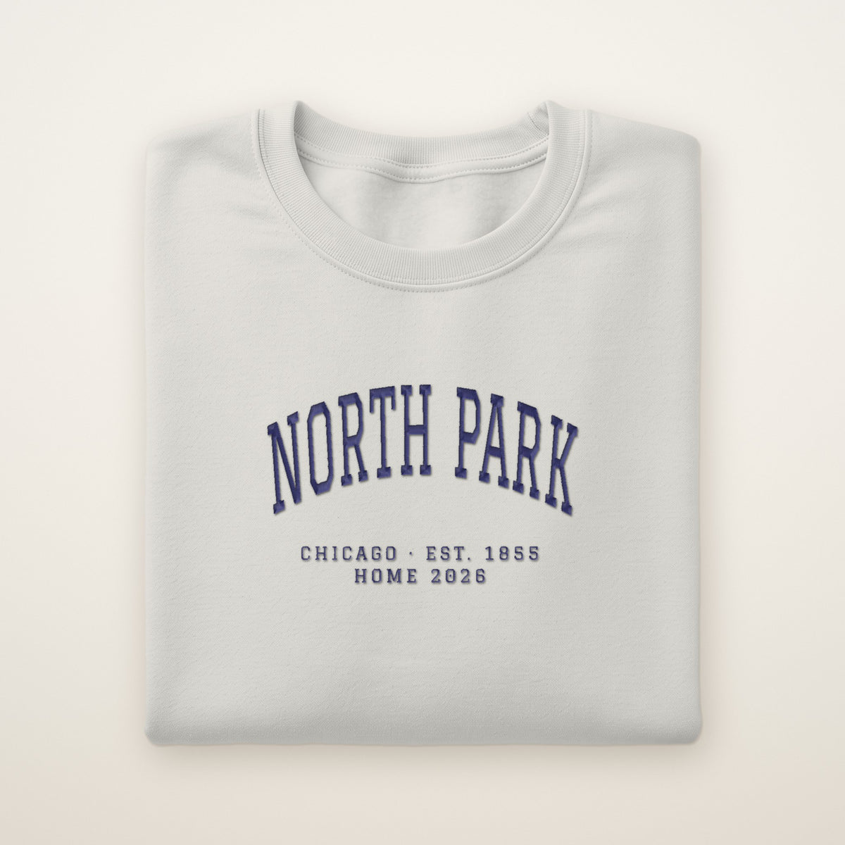 North Park Chicago Home 2026 Embroidered Crewneck — Navy Thread on Ash