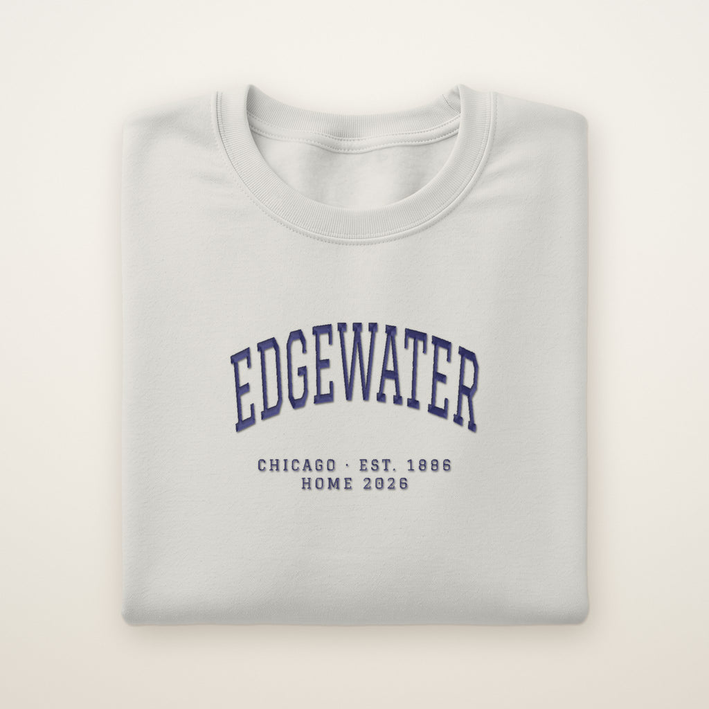 Edgewater Chicago Home 2026 Embroidered Crewneck — Navy Thread on Ash