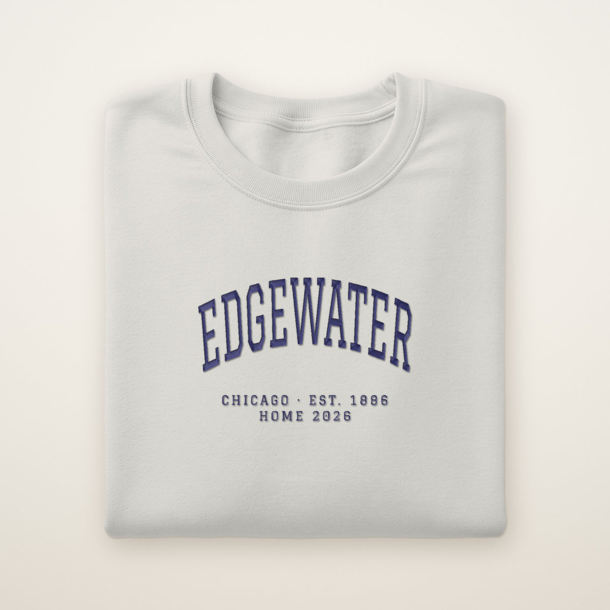 Edgewater Chicago Home 2026 Embroidered Crewneck — Navy Thread on Ash