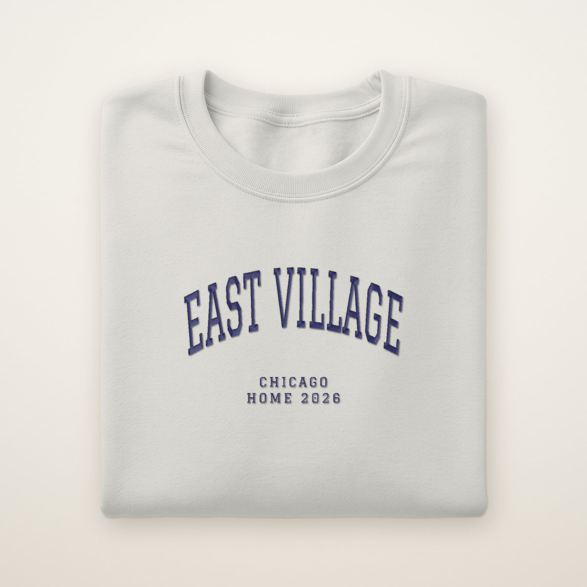 East Village Chicago Home 2026 Embroidered Crewneck — Navy Thread on Ash