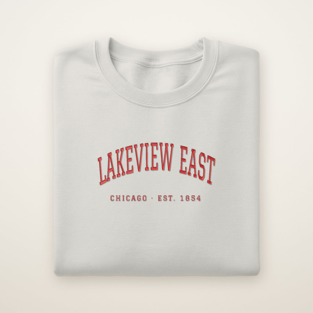 Lakeview East Chicago Embroidered Crewneck — Red Thread on Ash