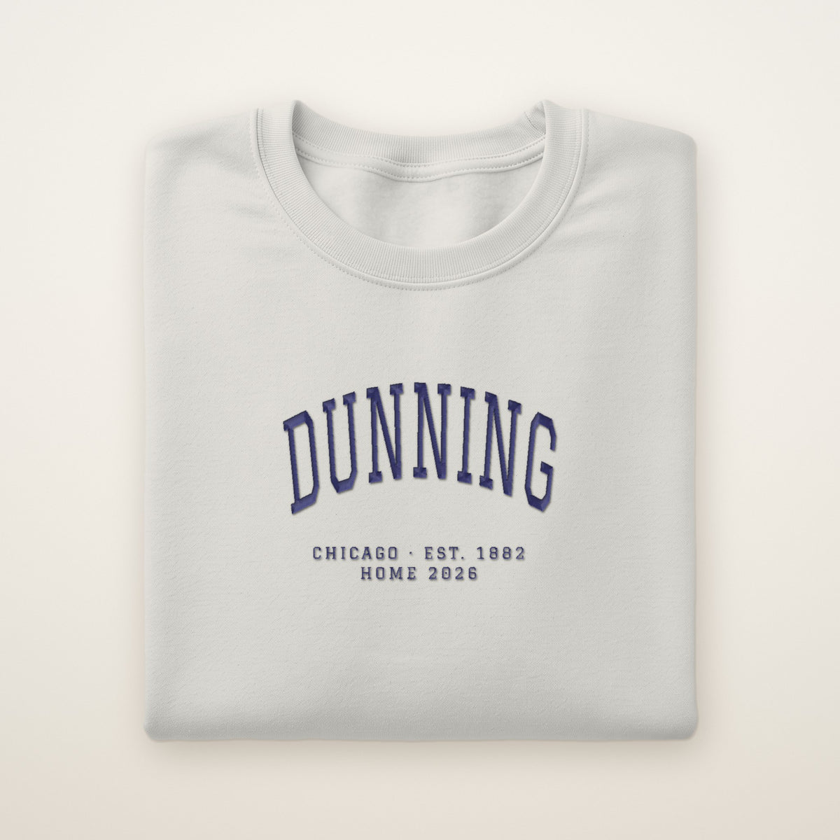 Dunning Chicago Home 2026 Embroidered Crewneck — Navy Thread on Ash