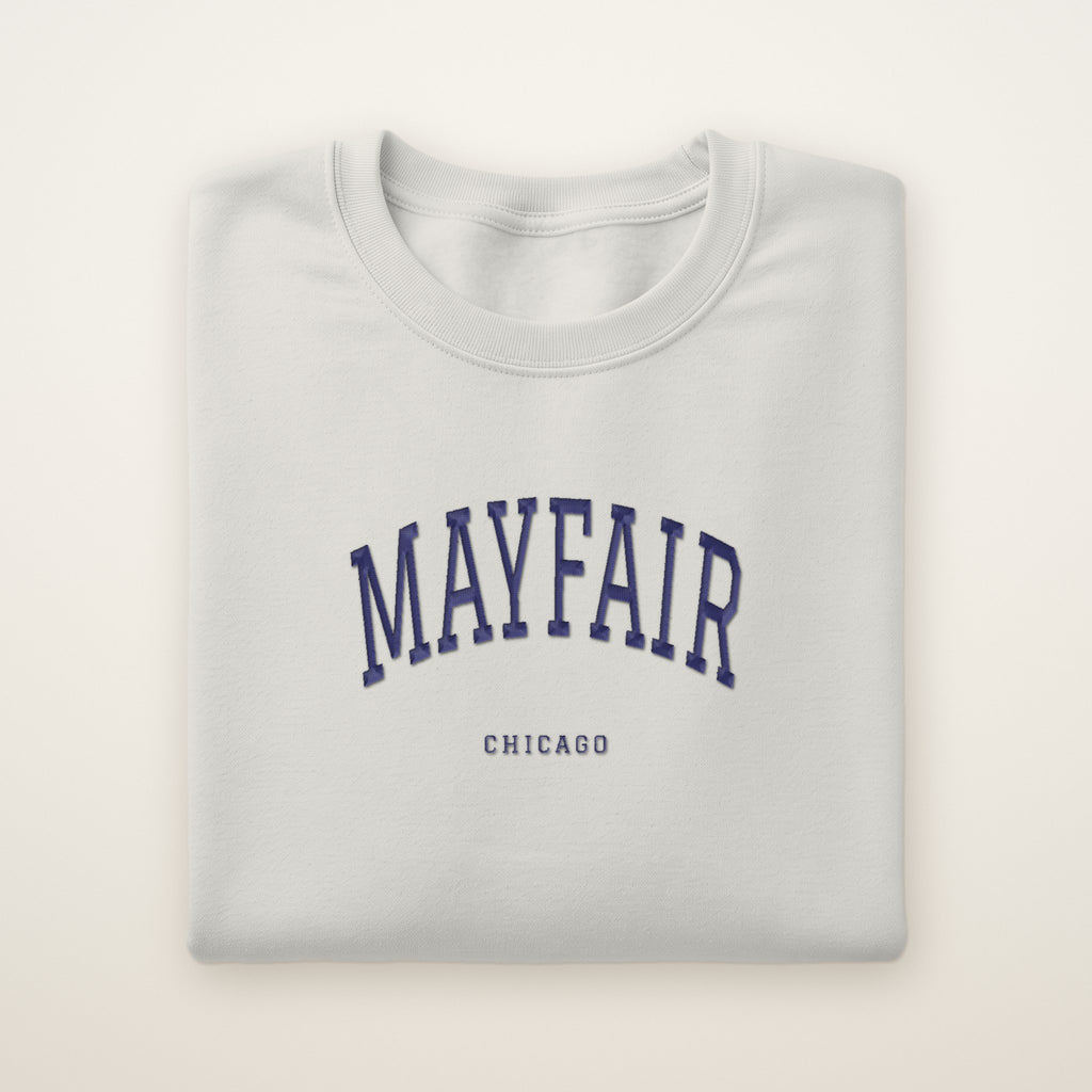 Mayfair Chicago Embroidered Crewneck — Navy Thread on Ash