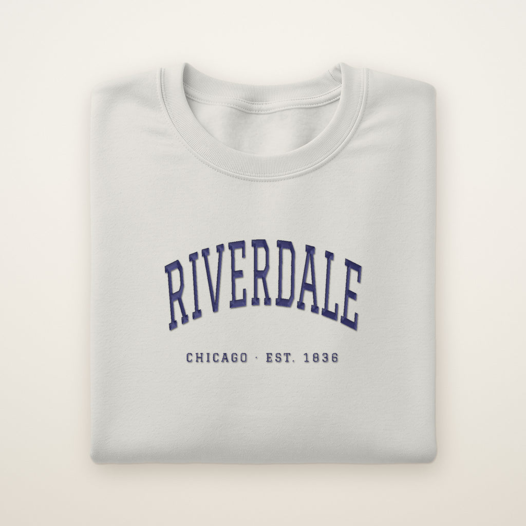 Riverdale Chicago Embroidered Crewneck — Navy Thread on Ash