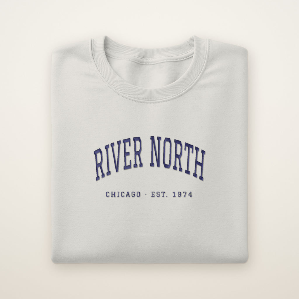 River North Chicago Embroidered Crewneck — Navy Thread on Ash