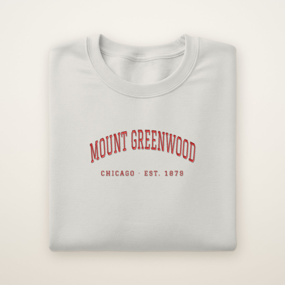 Mount Greenwood Chicago Embroidered Crewneck — Red Thread on Ash
