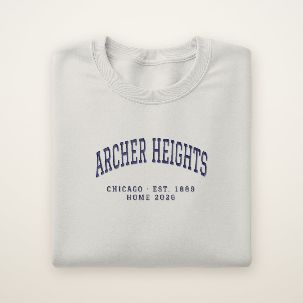 Archer Heights Chicago Home 2026 Embroidered Crewneck — Navy Thread on Ash