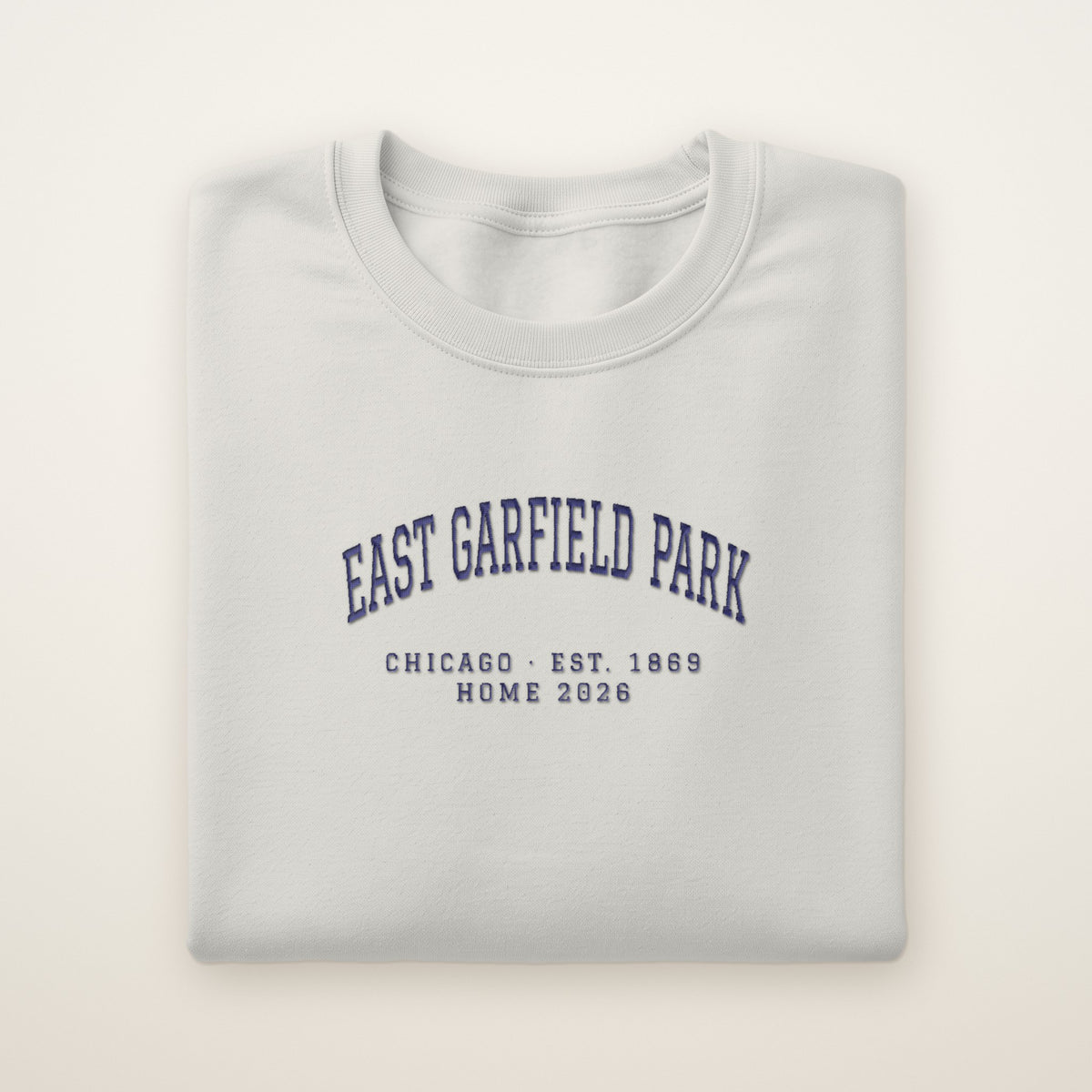 East Garfield Park Chicago Home 2026 Embroidered Crewneck — Navy Thread on Ash