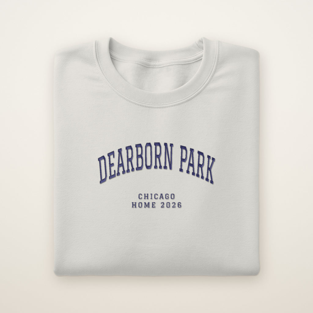 Dearborn Park Chicago Home 2026 Embroidered Crewneck — Navy Thread on Ash