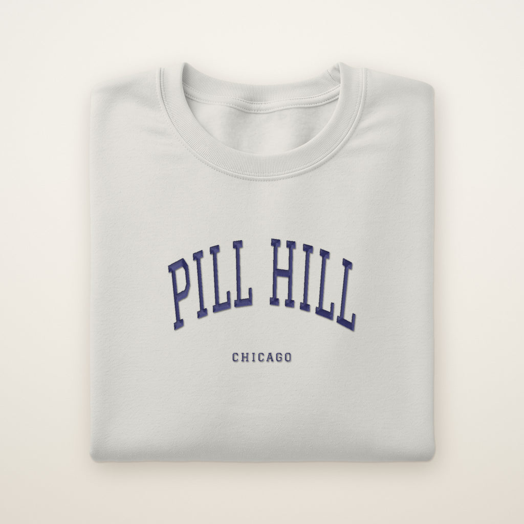 Pill Hill Chicago Embroidered Crewneck — Navy Thread on Ash