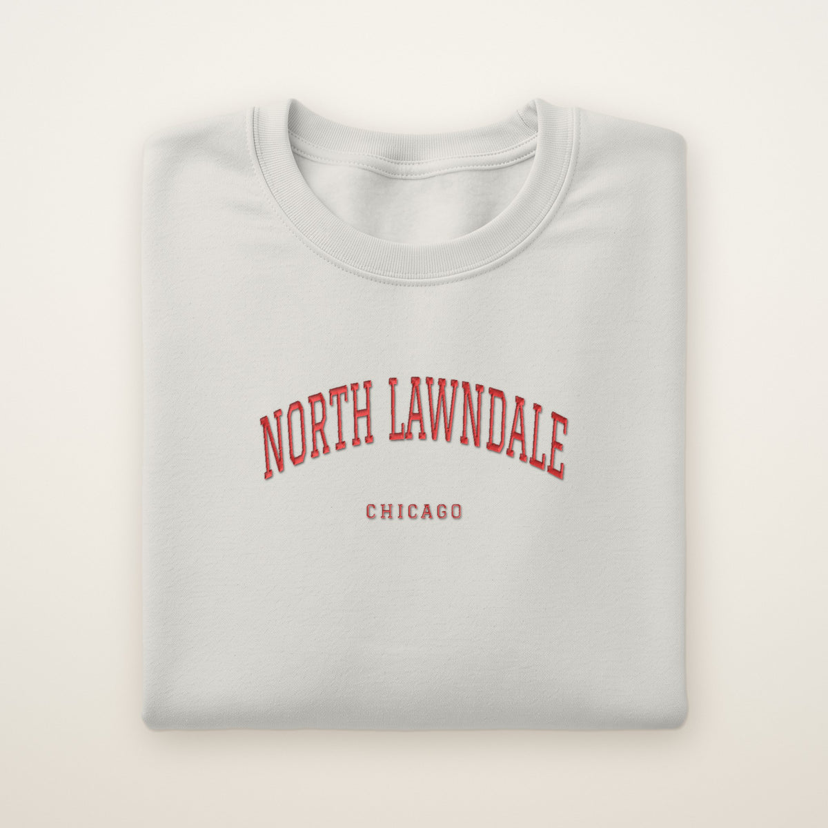 North Lawndale Chicago Embroidered Crewneck — Red Thread on Ash