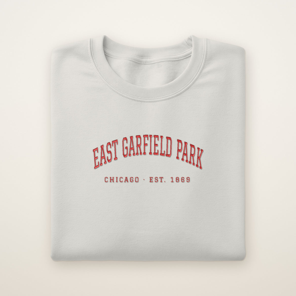 East Garfield Park Chicago Embroidered Crewneck — Red Thread on Ash