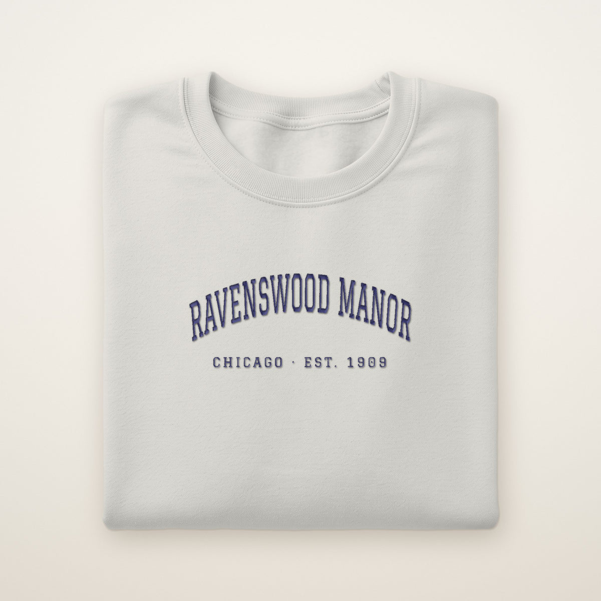 Ravenswood Manor Chicago Embroidered Crewneck — Navy Thread on Ash