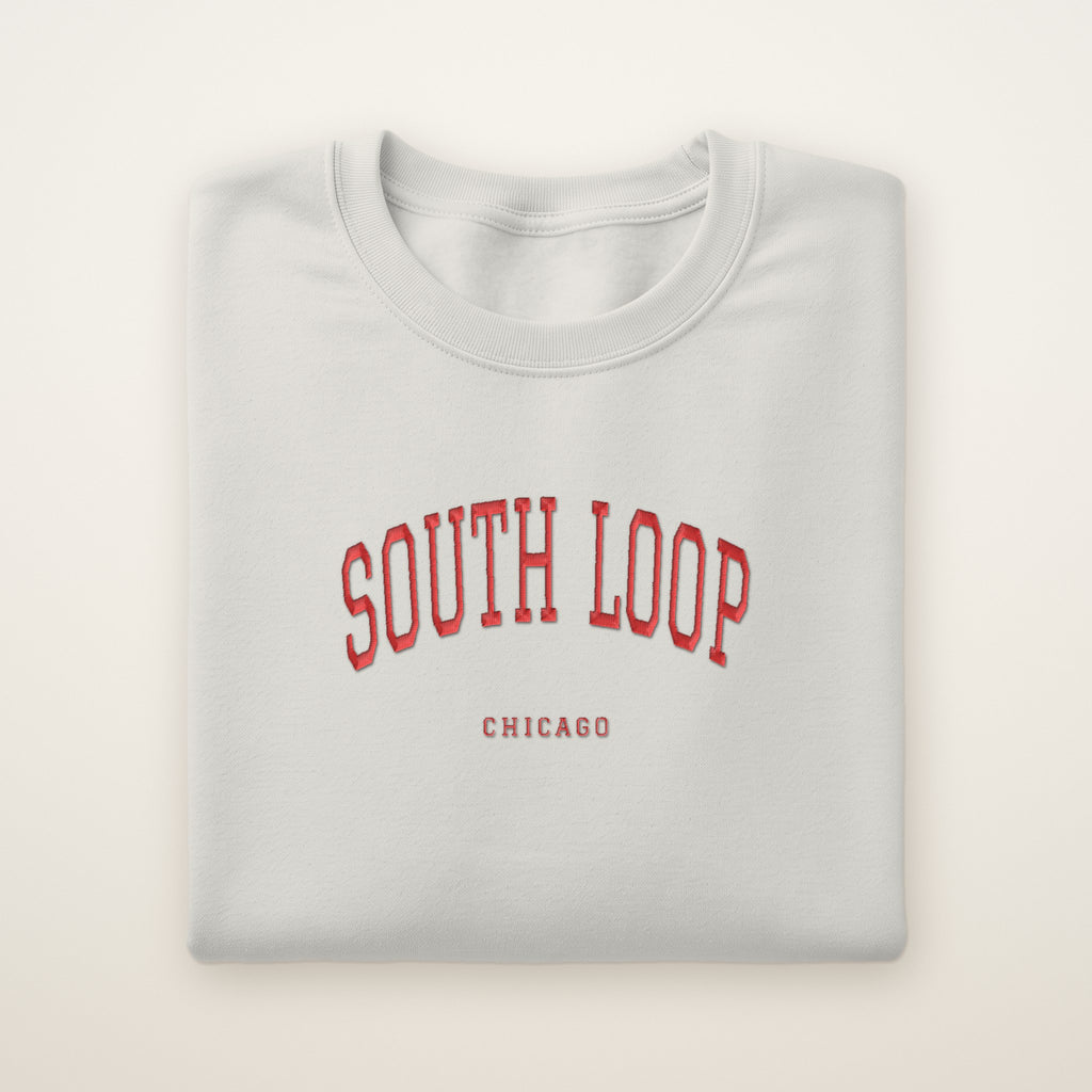 South Loop Chicago Embroidered Crewneck — Red Thread on Ash
