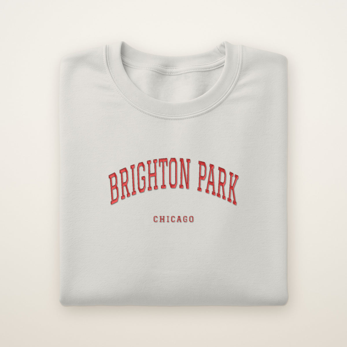 Brighton Park Chicago Embroidered Crewneck — Red Thread on Ash