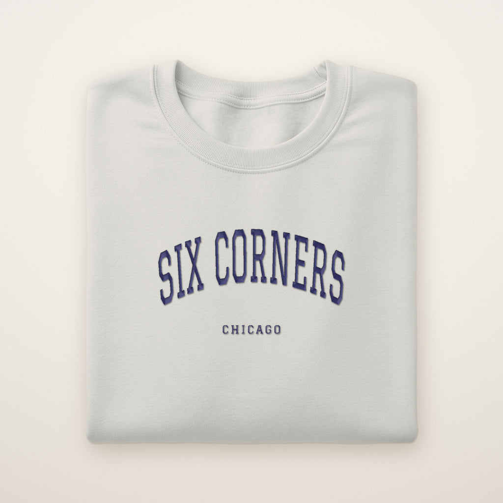 Six Corners Chicago Embroidered Crewneck — Navy Thread on Ash
