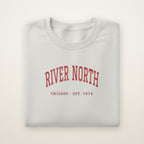 River North Chicago Embroidered Crewneck — Red Thread on Ash