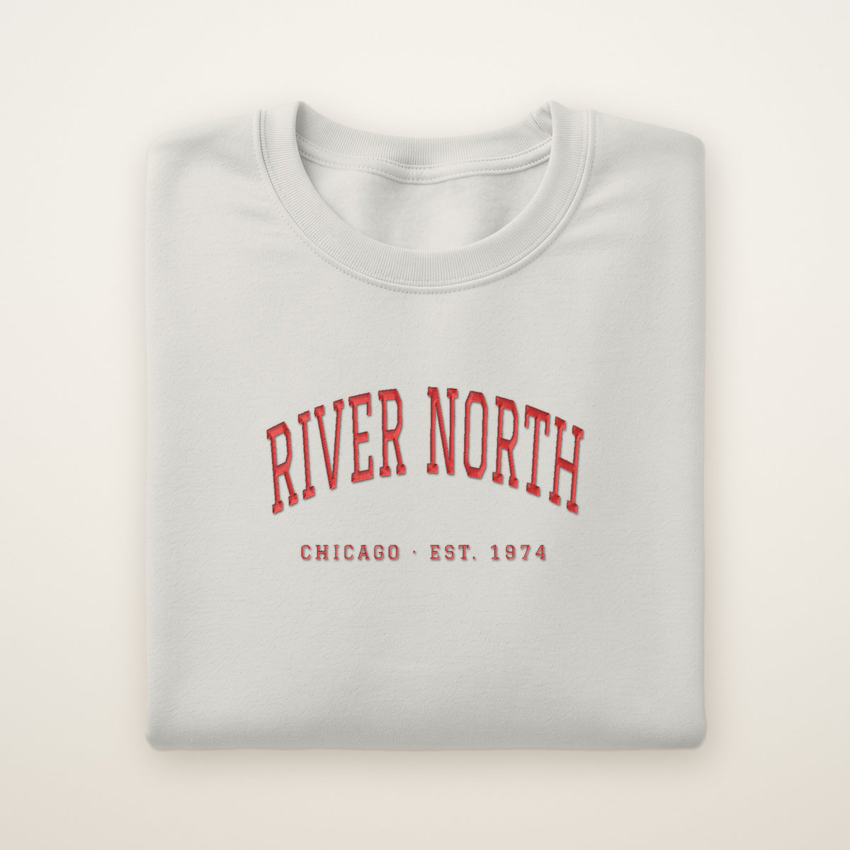 River North Chicago Embroidered Crewneck — Red Thread on Ash