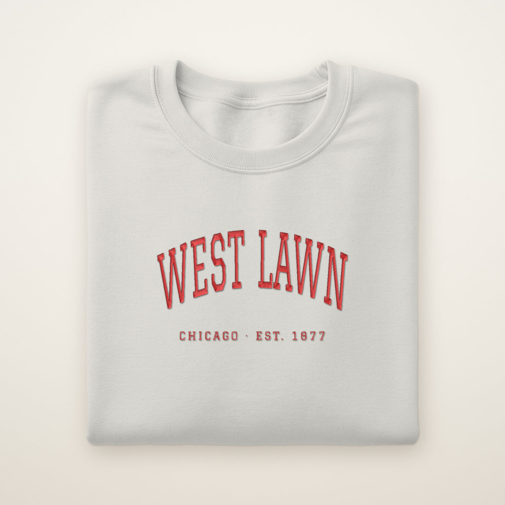 West Lawn Chicago Embroidered Crewneck — Red Thread on Ash