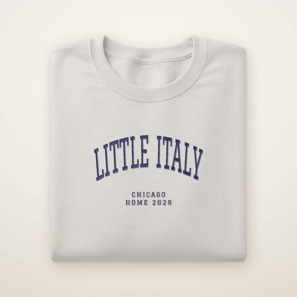 Little Italy Chicago Home 2026 Embroidered Crewneck — Navy Thread on Ash
