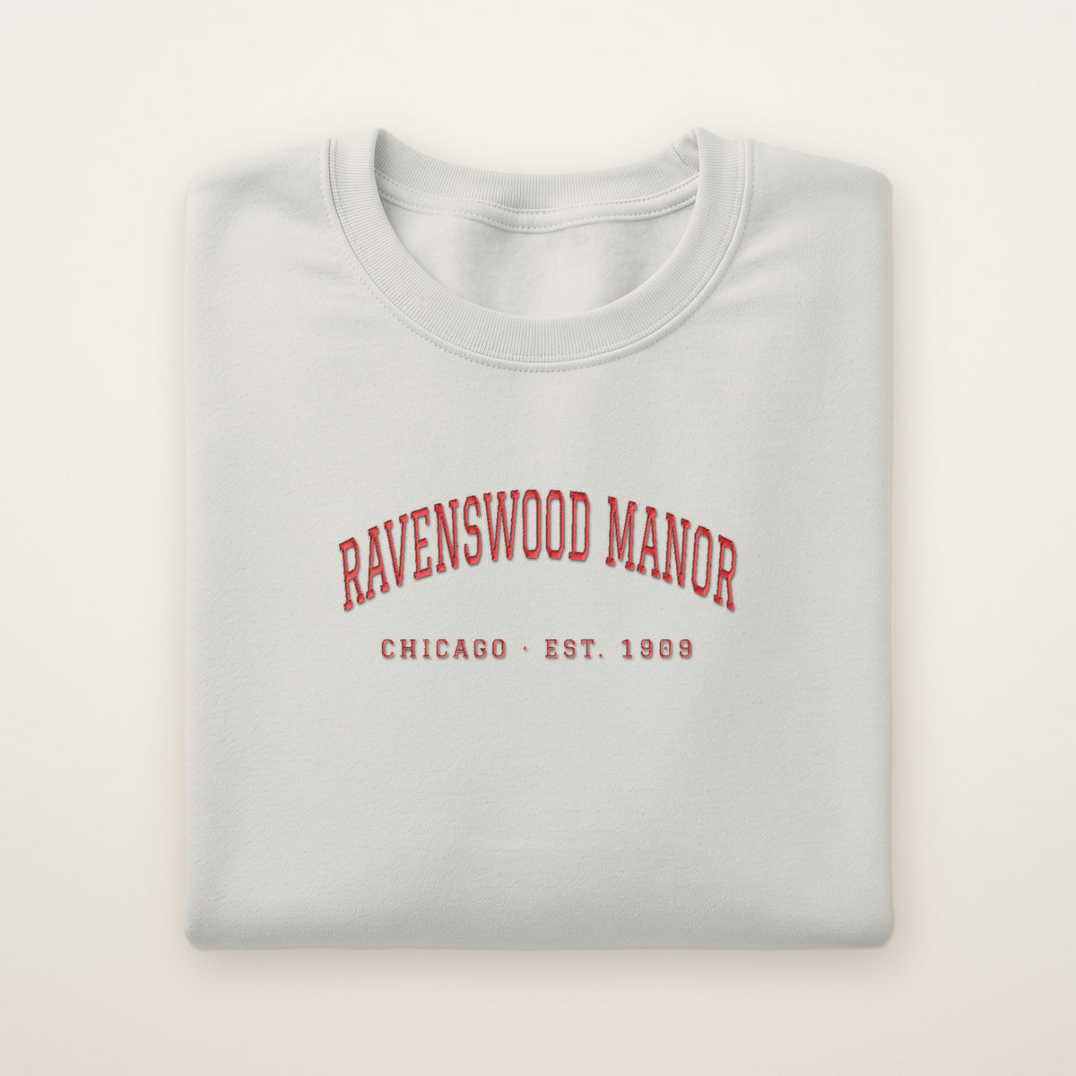 Ravenswood Manor Chicago Embroidered Crewneck — Red Thread on Ash