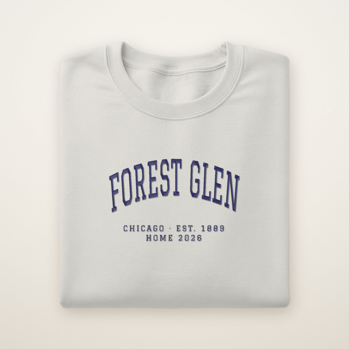 Forest Glen Chicago Home 2026 Embroidered Crewneck — Navy Thread on Ash