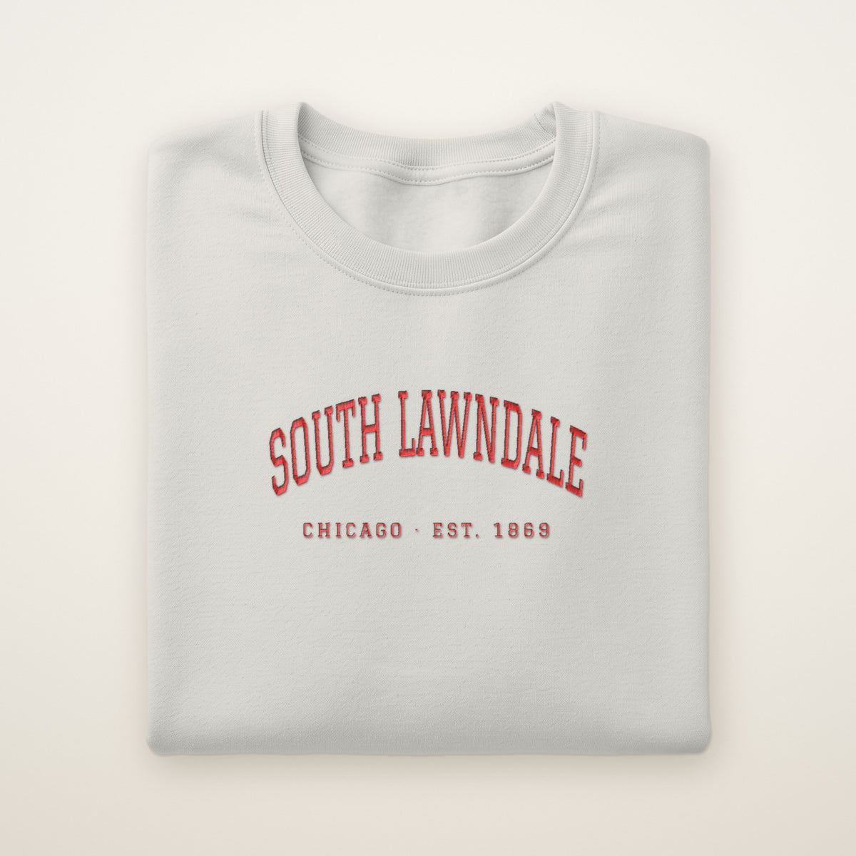 South Lawndale Chicago Embroidered Crewneck — Red Thread on Ash