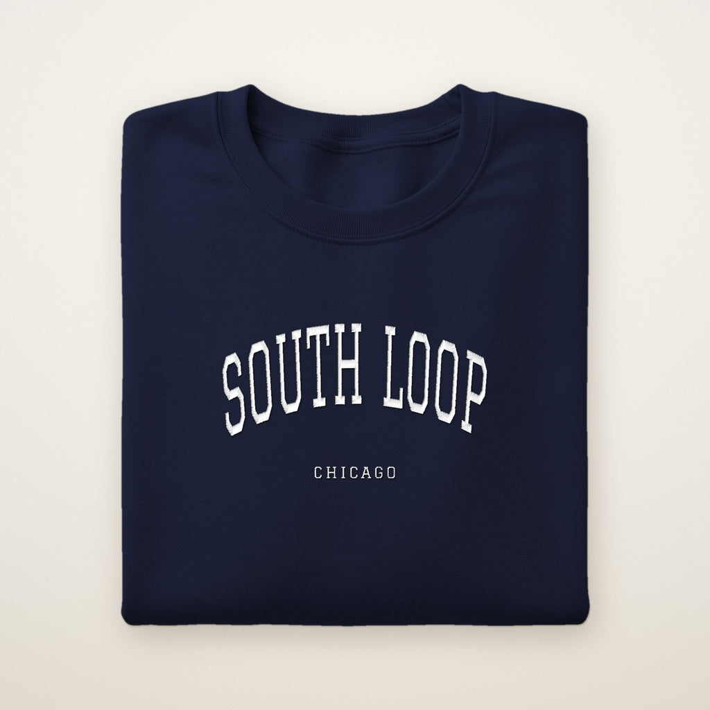 South Loop Chicago Embroidered Crewneck — White Thread