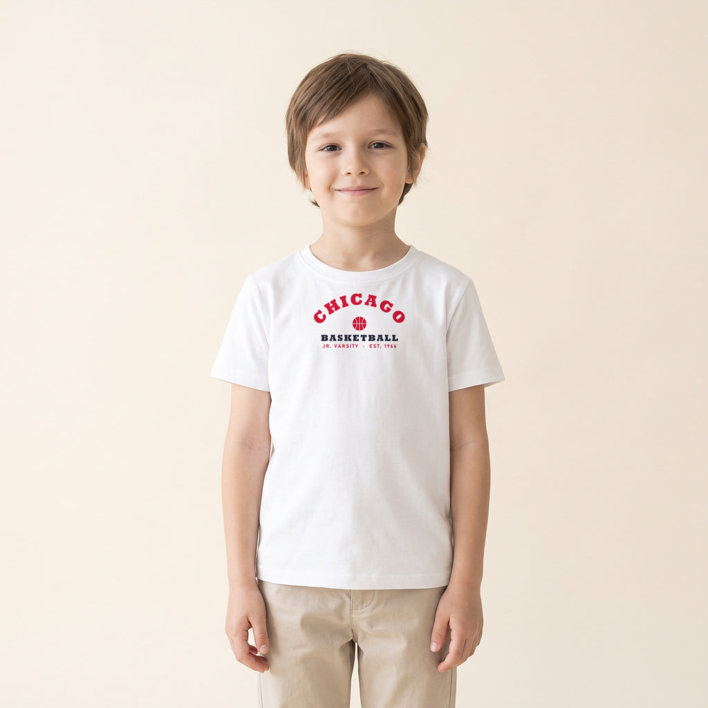 Child wearing the Chicago Basketball Jr. Varsity Youth Tee in White