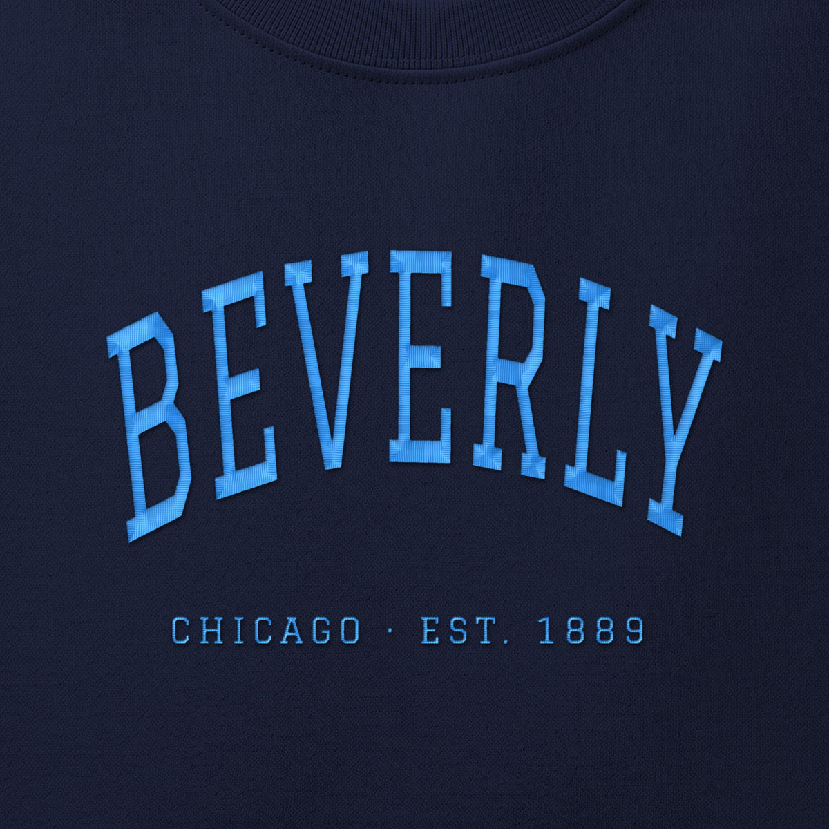 Close-up of sky blue satin-stitch Beverly embroidery