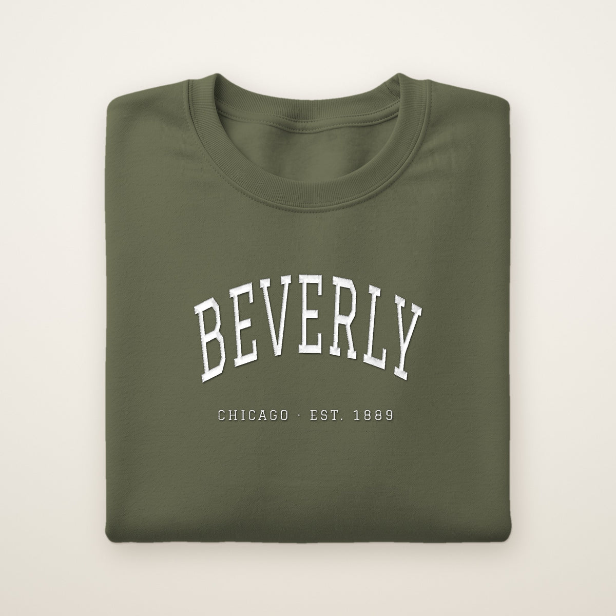 Beverly Chicago embroidered crewneck sweatshirt, Military Green, white embroidery