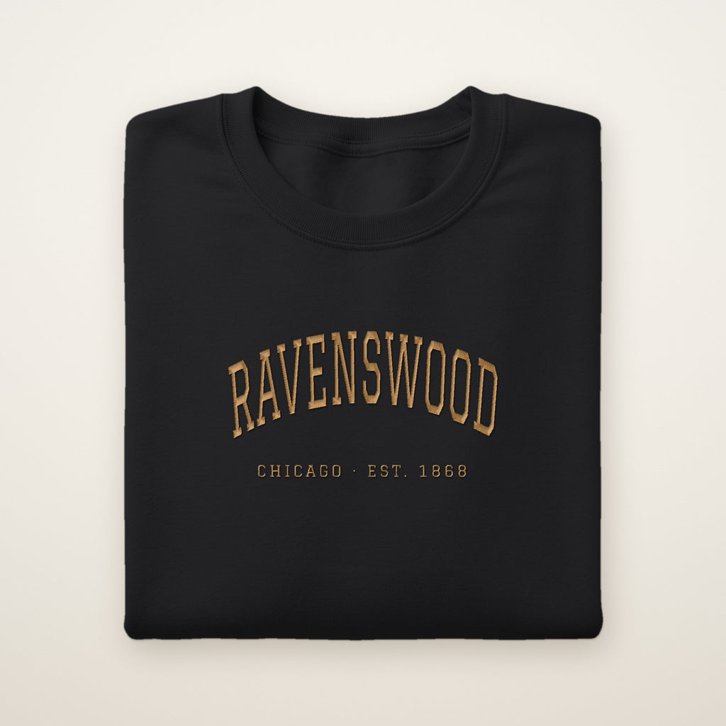 Ravenswood Chicago Embroidered Crewneck — Gold Thread on Black