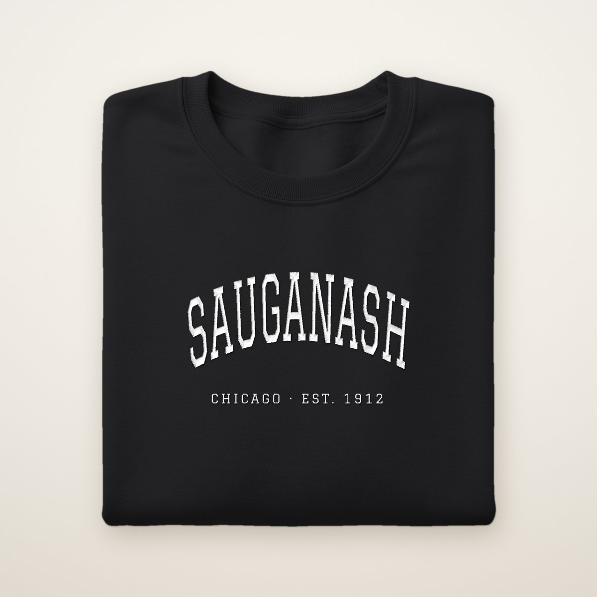 Sauganash Chicago Embroidered Crewneck — White Thread on Black