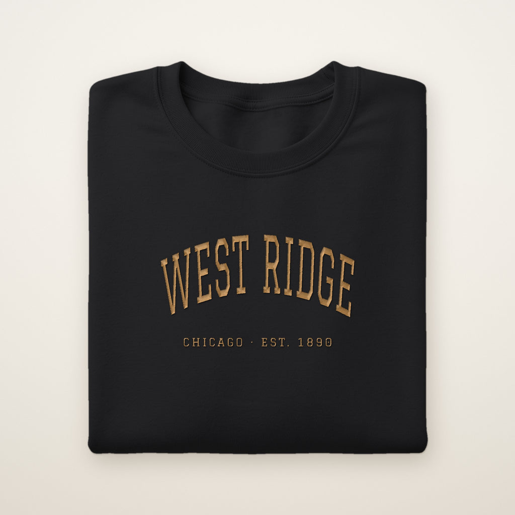West Ridge Chicago Embroidered Crewneck — Gold Thread on Black