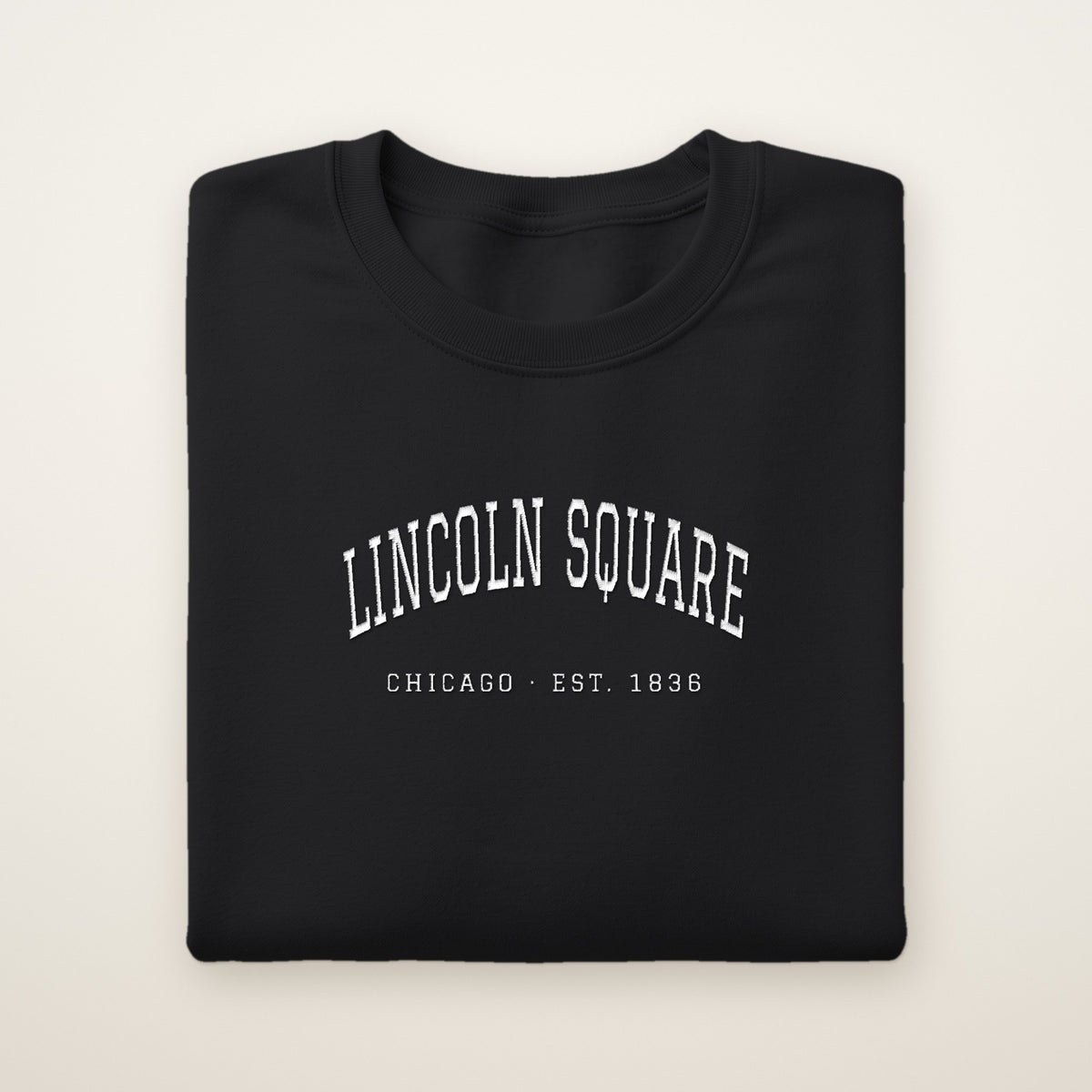 Lincoln Square Chicago Embroidered Crewneck — White Thread on Black