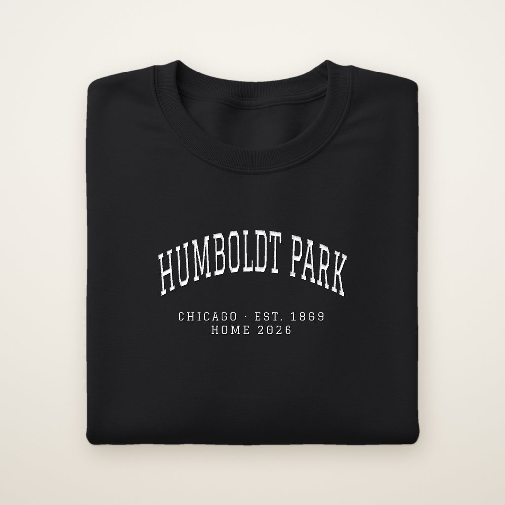 Humboldt Park Chicago Home 2026 Embroidered Crewneck — White Thread on Black