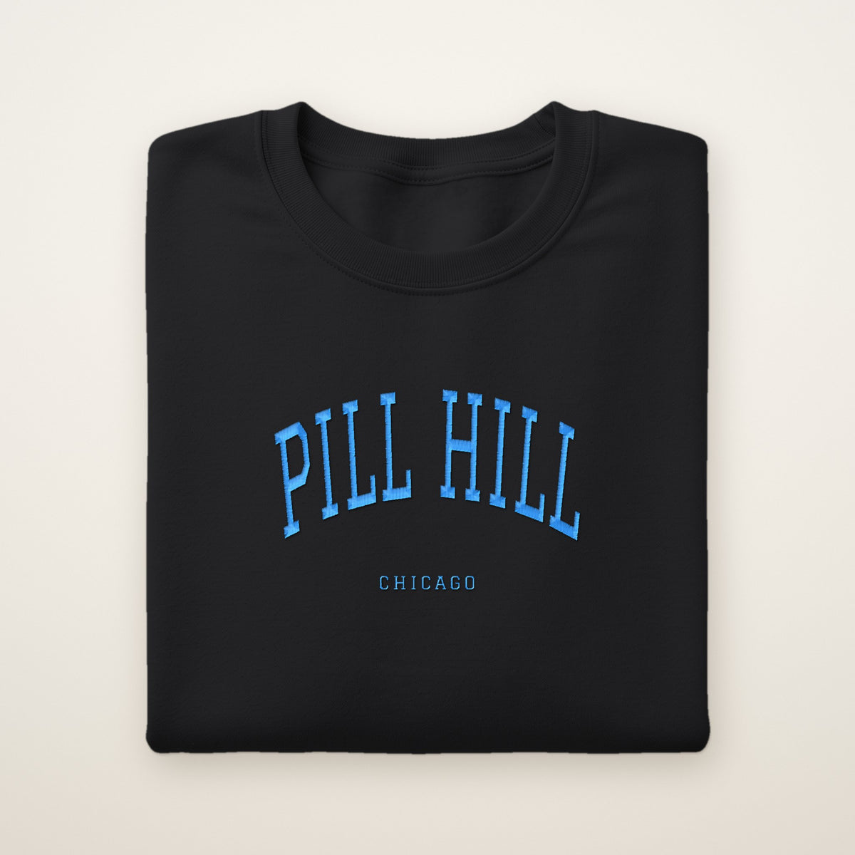 Pill Hill Chicago Embroidered Crewneck — Sky Blue Thread on Black