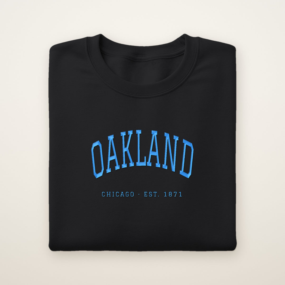 Oakland Chicago Embroidered Crewneck — Sky Blue Thread on Black