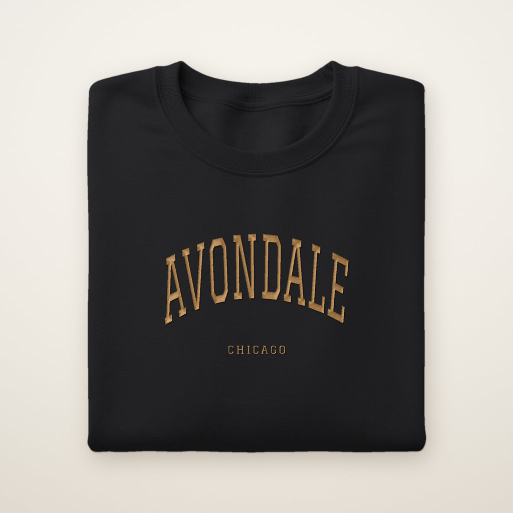 Avondale Chicago Embroidered Crewneck — Gold Thread on Black