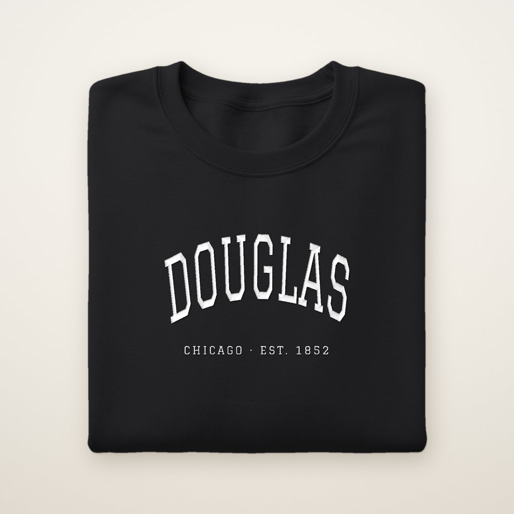 Douglas Chicago Embroidered Crewneck — White Thread on Black