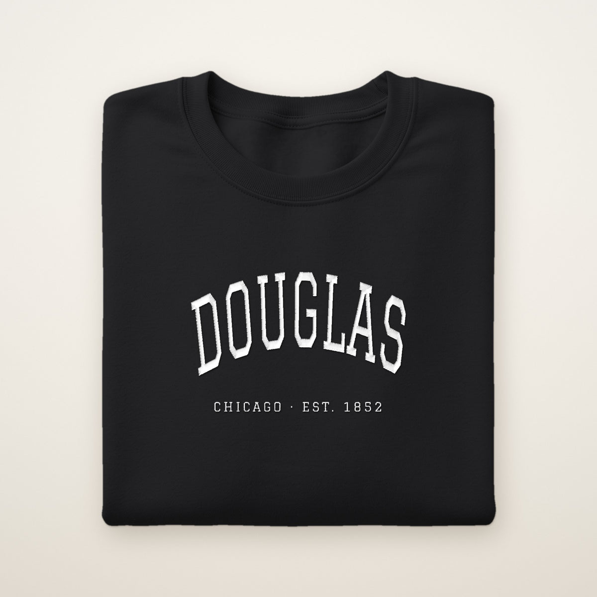Douglas Chicago Embroidered Crewneck — White Thread on Black