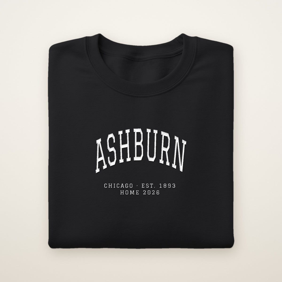 Ashburn Chicago Home 2026 Embroidered Crewneck — White Thread on Black