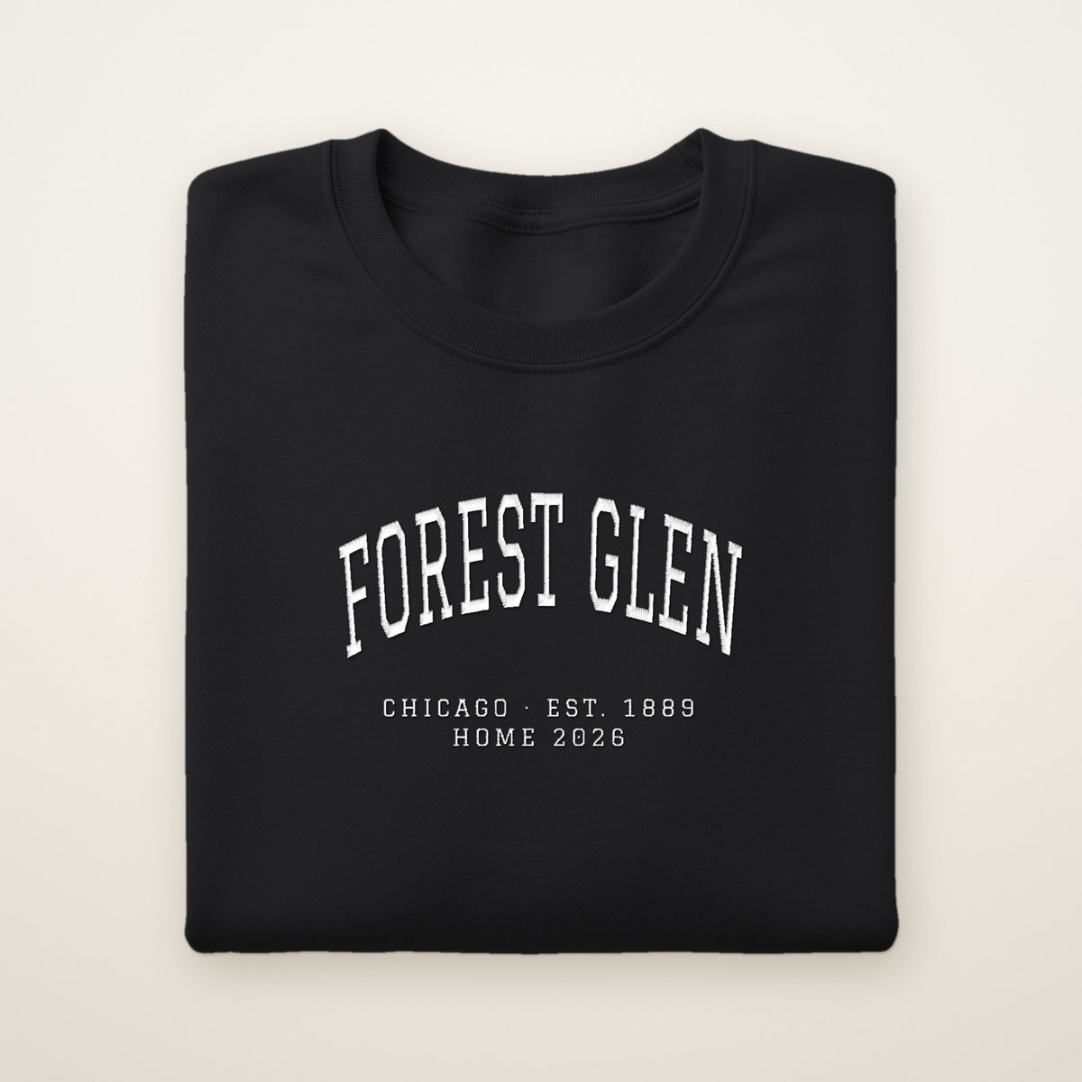 Forest Glen Chicago Home 2026 Embroidered Crewneck — White Thread on Black
