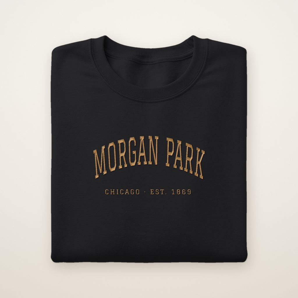 Morgan Park Chicago Embroidered Crewneck — Gold Thread on Black