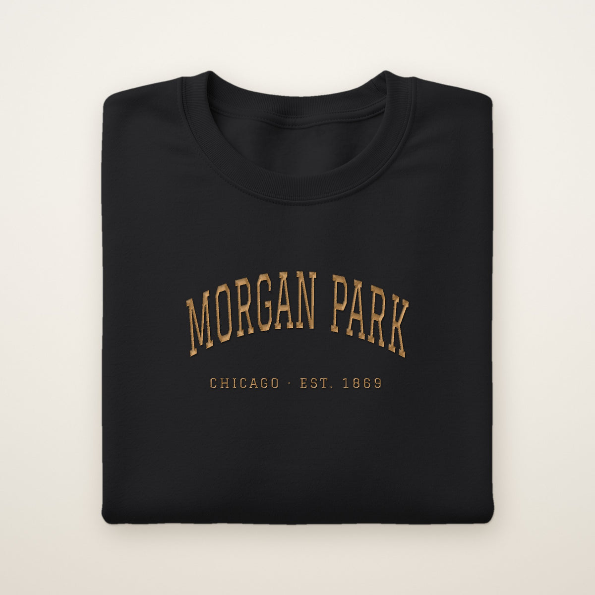Morgan Park Chicago Embroidered Crewneck — Gold Thread on Black