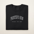 Printer's Row Chicago Embroidered Crewneck — White Thread on Black