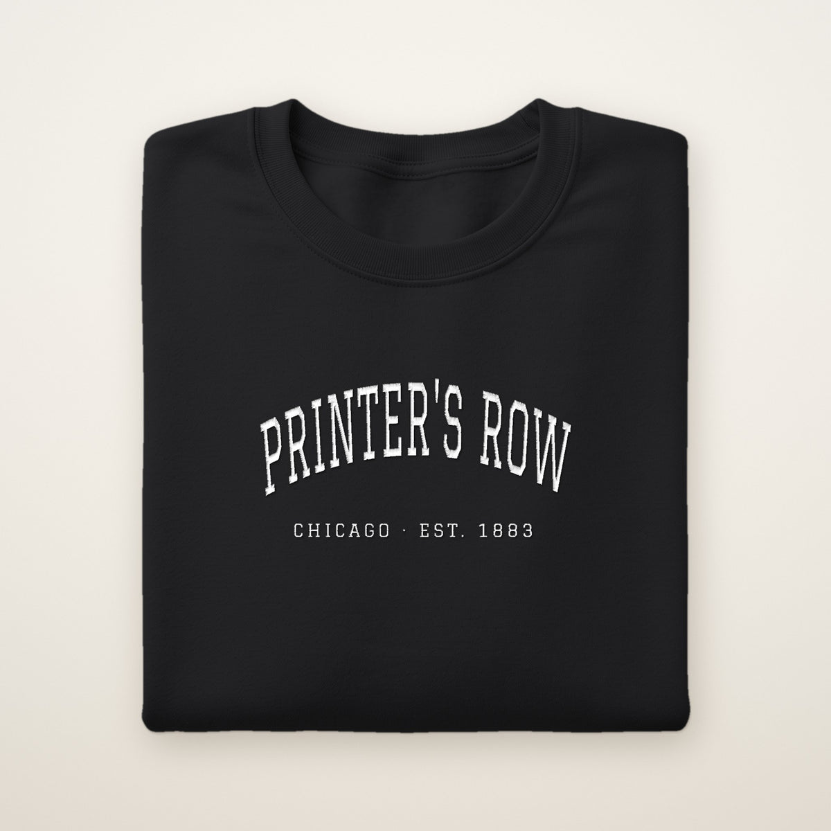 Printer's Row Chicago Embroidered Crewneck — White Thread on Black