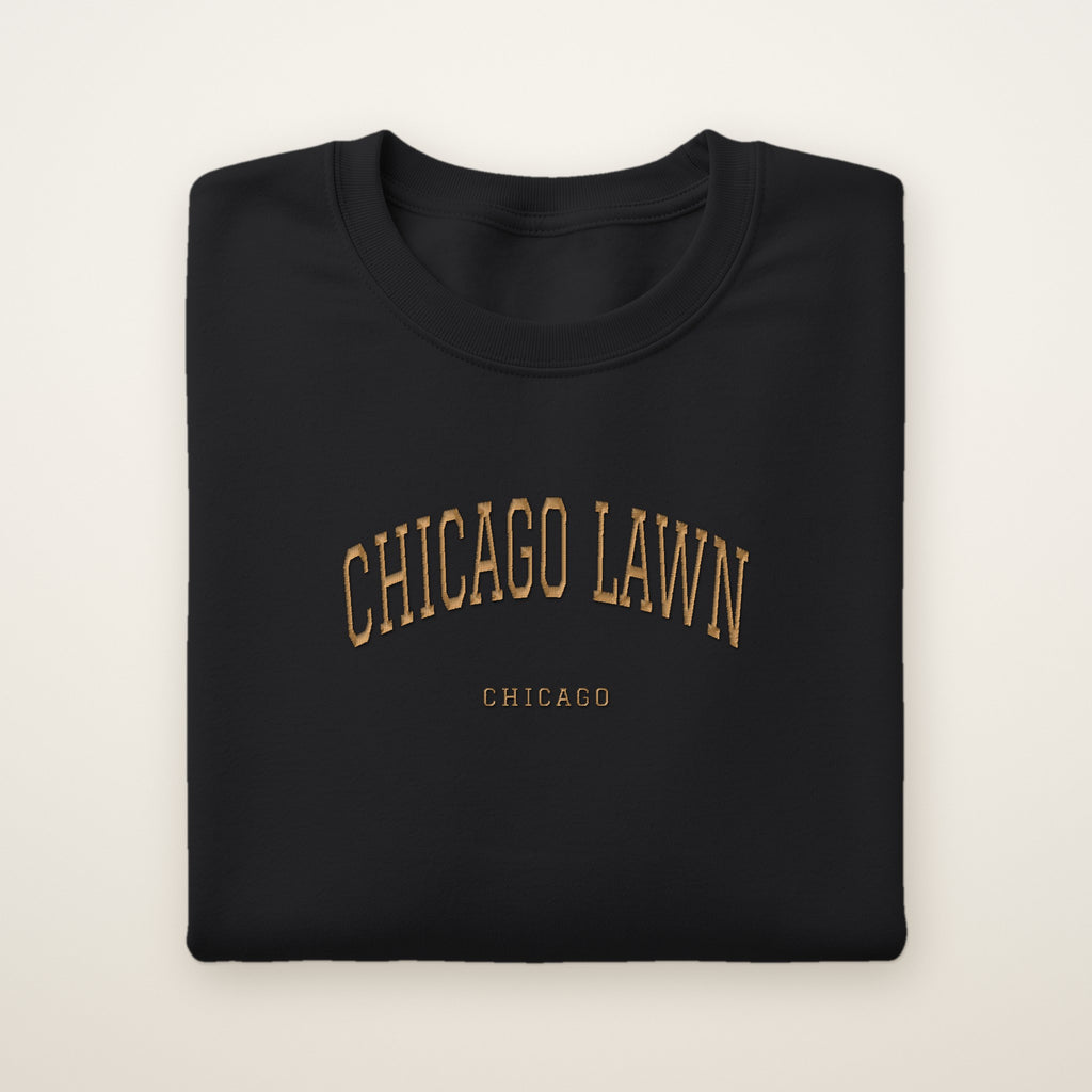 Chicago Lawn Chicago Embroidered Crewneck — Gold Thread on Black