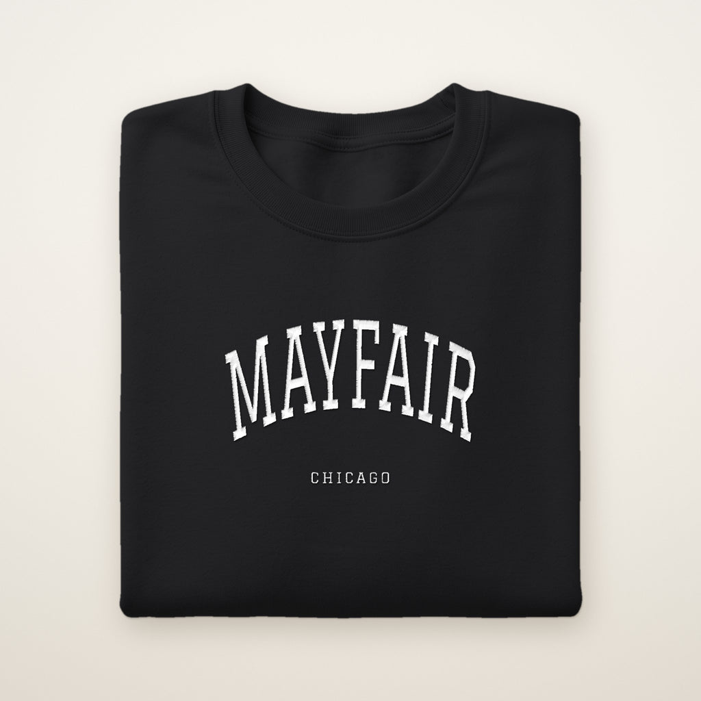Mayfair Chicago Embroidered Crewneck — White Thread on Black